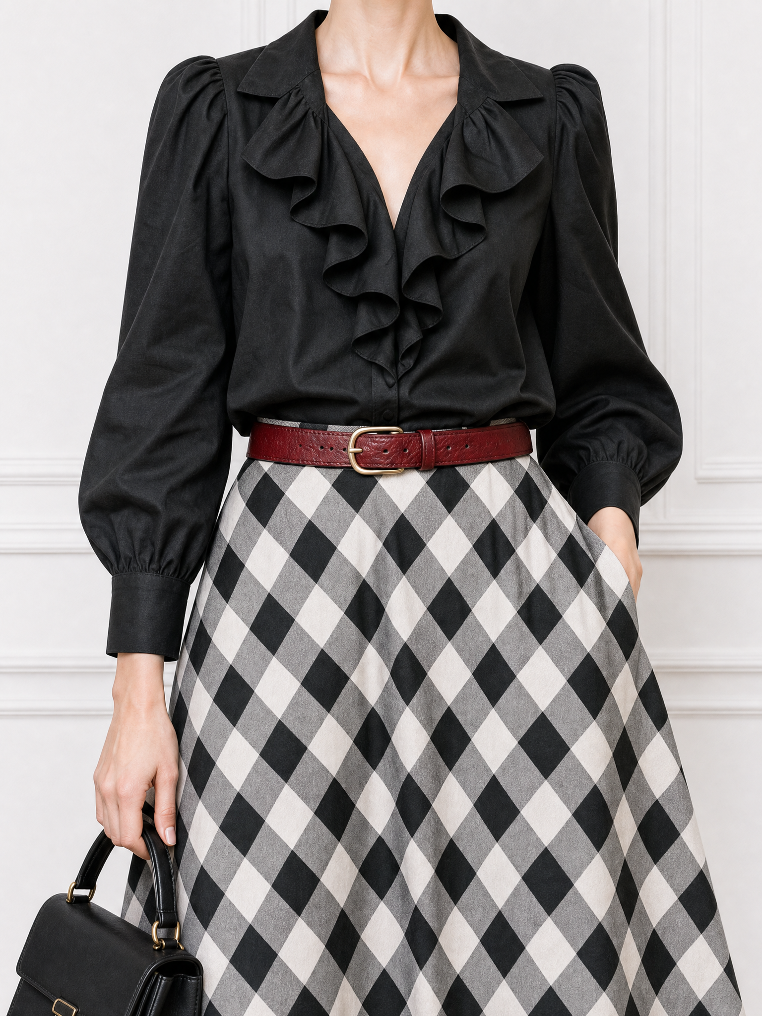 Vintage Ruffled Blouse & Plaid Skirt Two-Piece Set