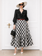 Vintage Ruffled Blouse & Plaid Skirt Two-Piece Set