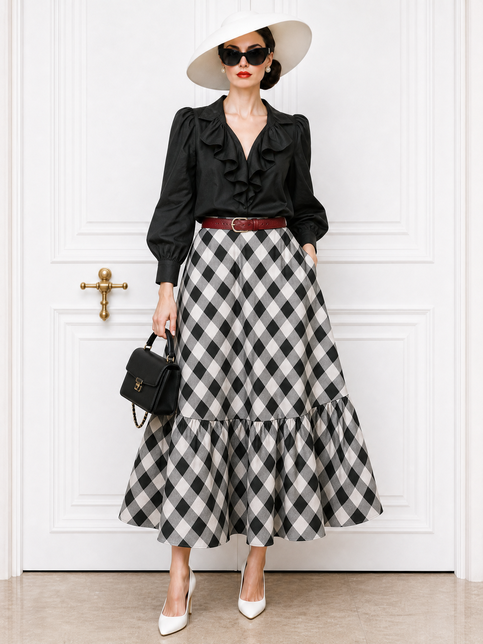 Vintage Ruffled Blouse & Plaid Skirt Two-Piece Set