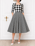Vintage Plaid Spliced Square Neck Full Skirt Midi Dress