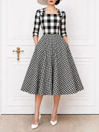Vintage Plaid Spliced Square Neck Full Skirt Midi Dress