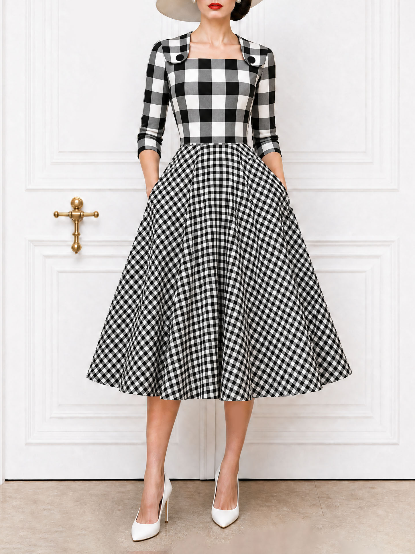 Vintage Plaid Spliced Square Neck Full Skirt Midi Dress