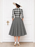 Vintage Plaid Spliced Square Neck Full Skirt Midi Dress
