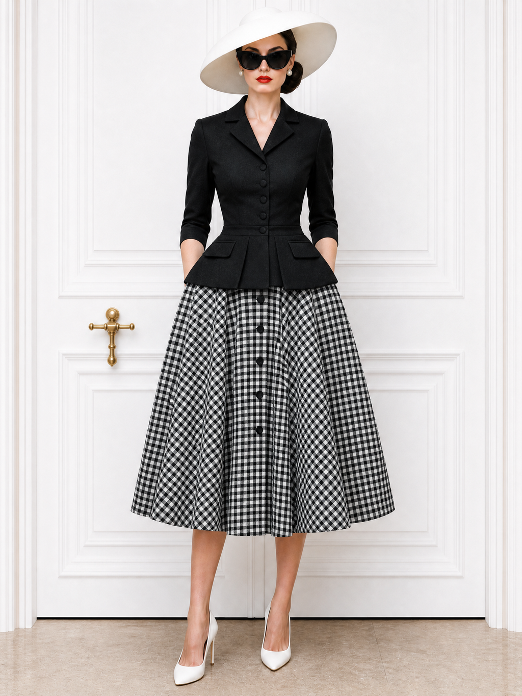 Vintage V-Neck Cardigan & Plaid Midi Skirt Set