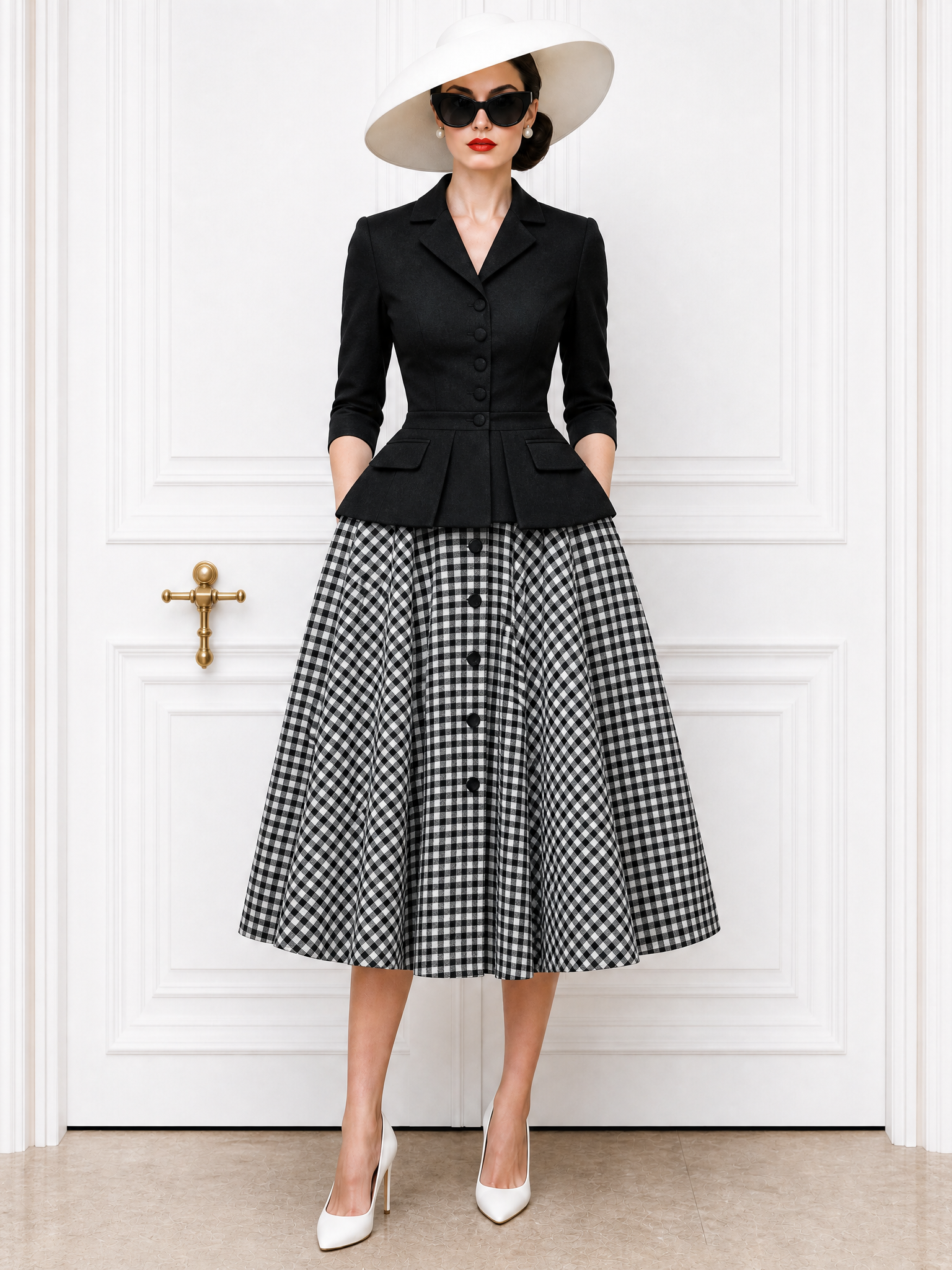 Vintage V-Neck Cardigan & Plaid Midi Skirt Set