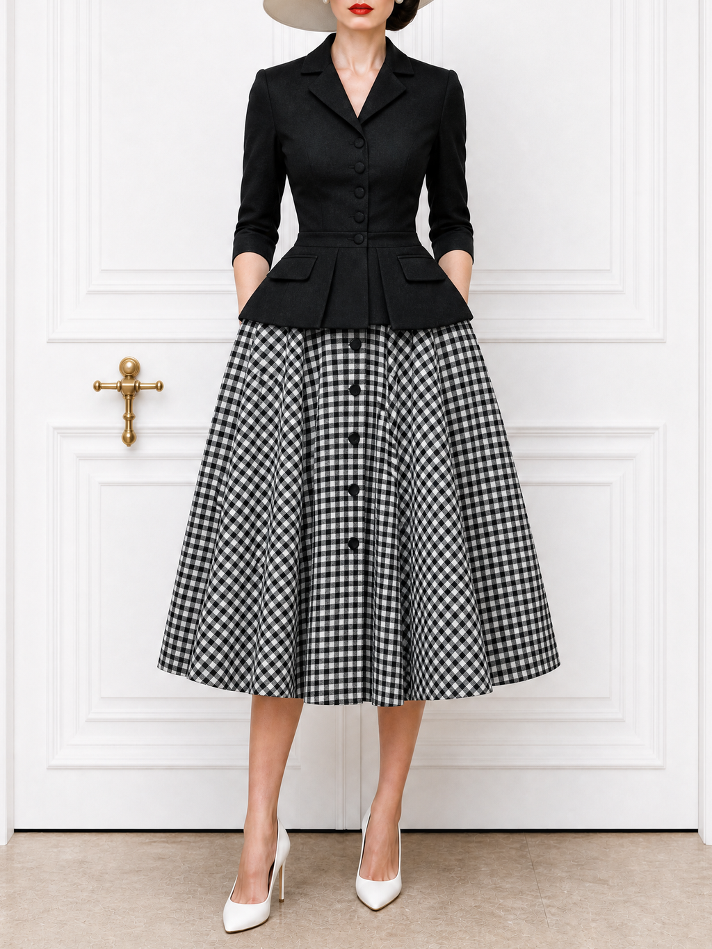 Vintage V-Neck Cardigan & Plaid Midi Skirt Set
