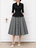 Vintage V-Neck Cardigan & Plaid Midi Skirt Set