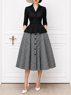 Vintage V-Neck Cardigan & Plaid Midi Skirt Set