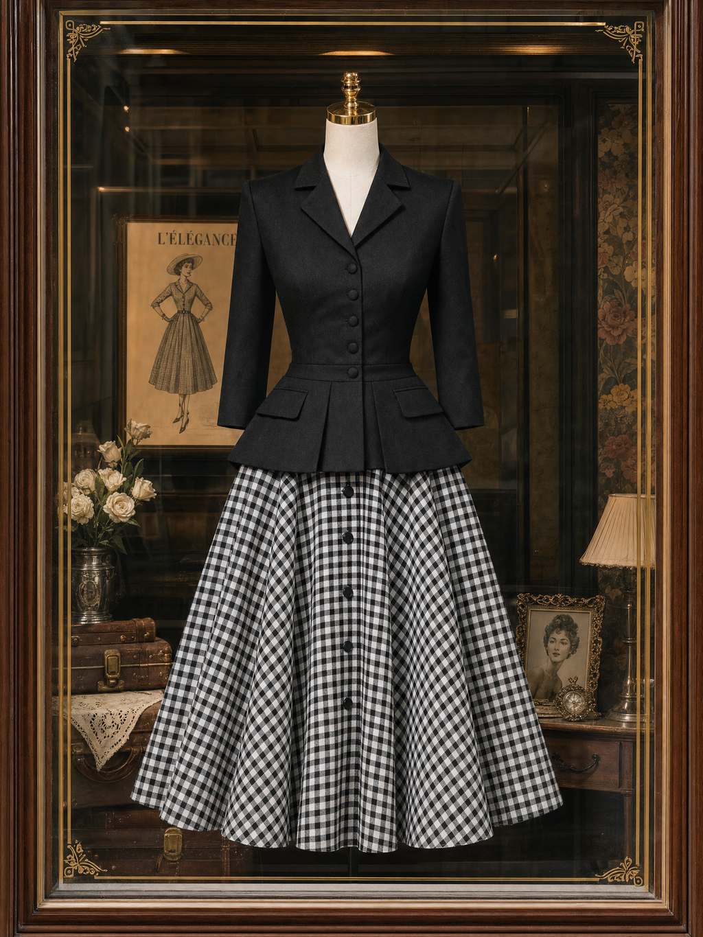 Vintage V-Neck Cardigan & Plaid Midi Skirt Set
