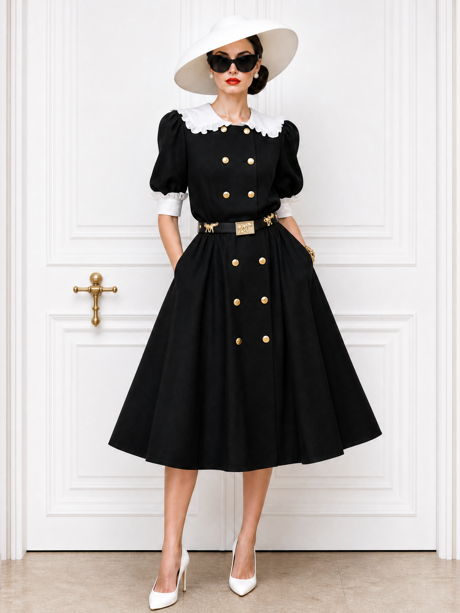 Vintage Double-breasted Lapel Ruffle Trim Midi Dress