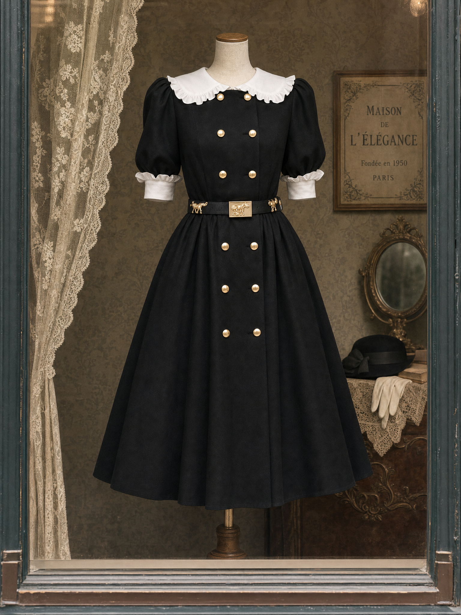 Vintage Double-breasted Lapel Ruffle Trim Midi Dress