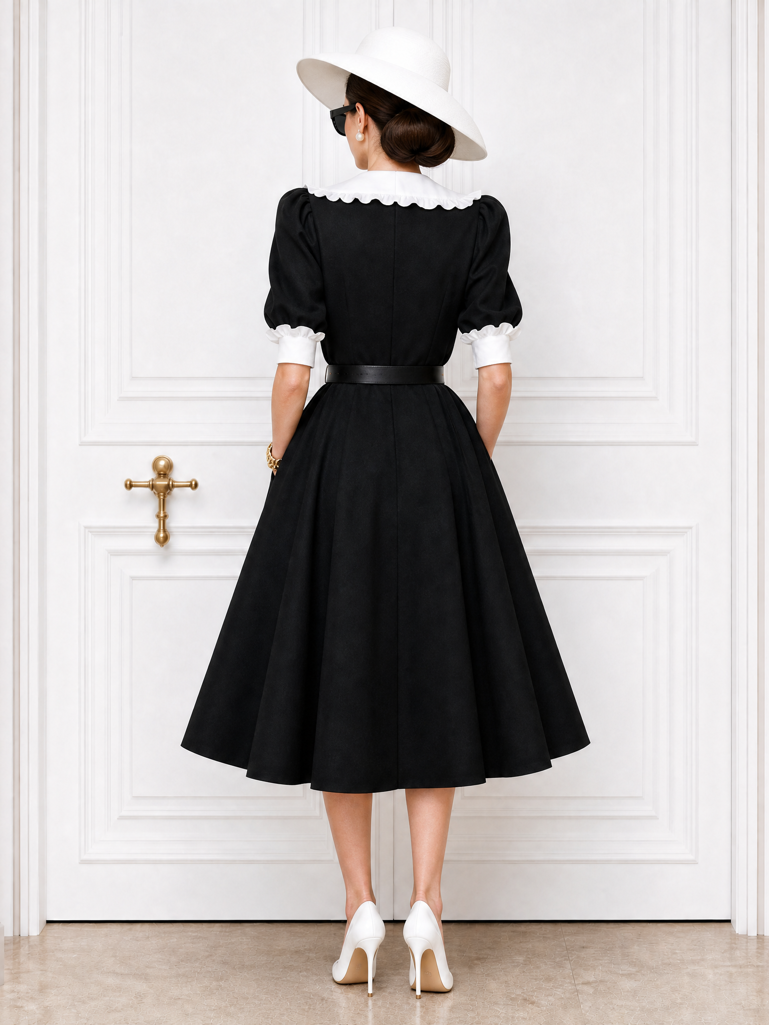 Vintage Double-breasted Lapel Ruffle Trim Midi Dress