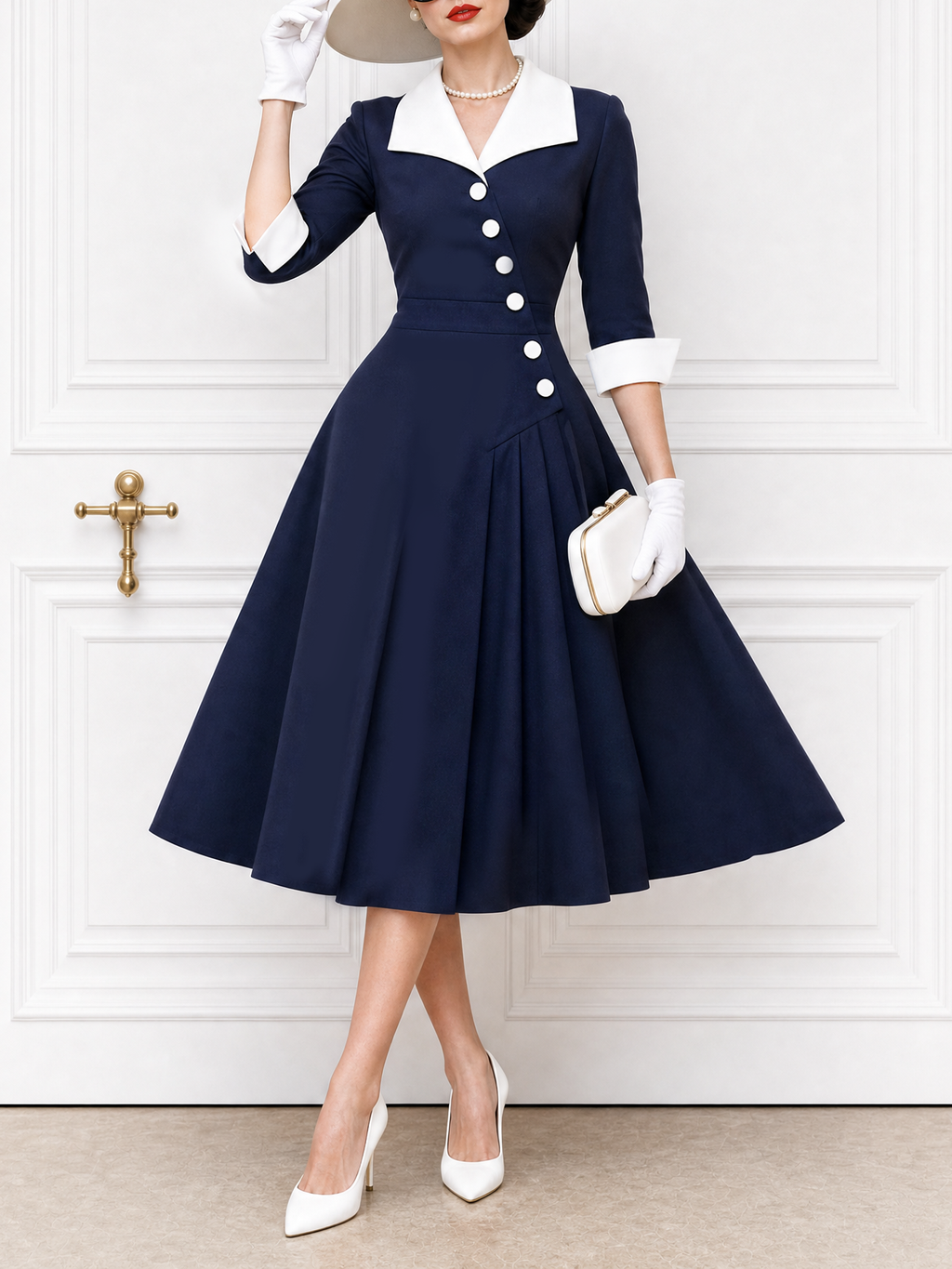 Vintage Sailor Collar Asymmetric Placket Pleated Midi Dress