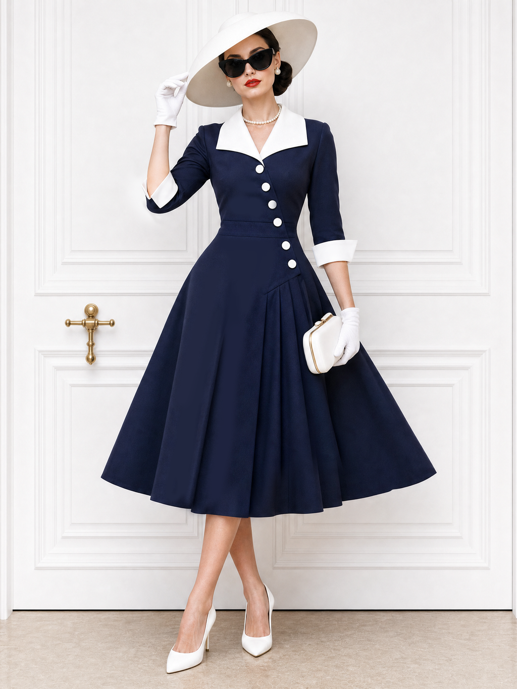Vintage Sailor Collar Asymmetric Placket Pleated Midi Dress
