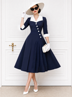 Vintage Sailor Collar Asymmetric Placket Pleated Midi Dress