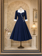 Vintage Sailor Collar Asymmetric Placket Pleated Midi Dress