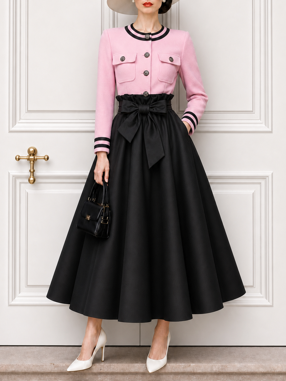 Vintage Round Neck Cardigan & Tie Satin Skirt Two-Piece Set