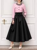 Vintage Round Neck Cardigan & Tie Satin Skirt Two-Piece Set