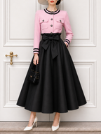 Vintage Round Neck Cardigan & Tie Satin Skirt Two-Piece Set