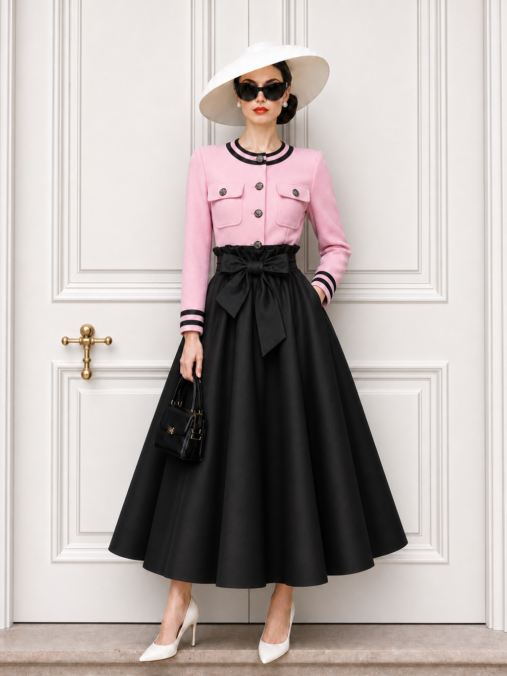 Vintage Round Neck Cardigan & Tie Satin Skirt Two-Piece Set