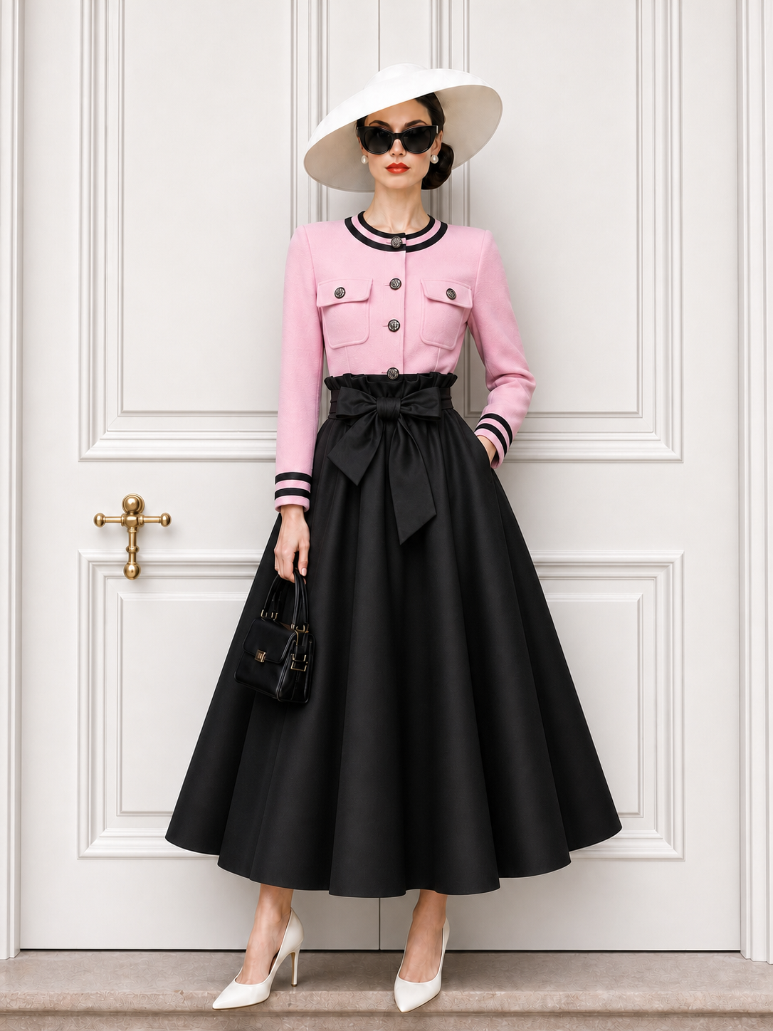 Vintage Round Neck Cardigan & Tie Satin Skirt Two-Piece Set