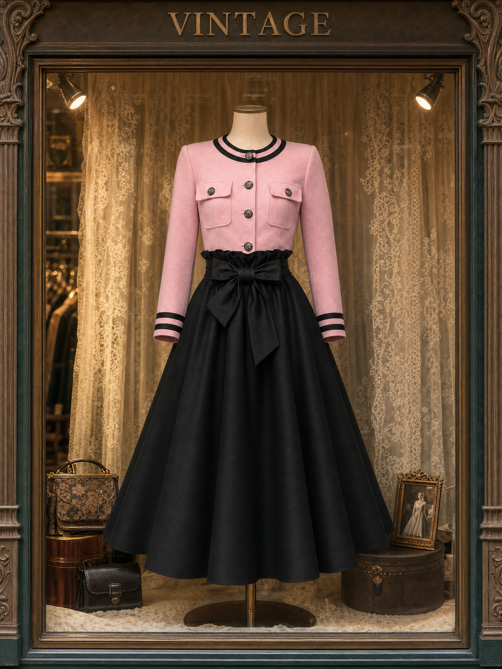 Vintage Round Neck Cardigan & Tie Satin Skirt Two-Piece Set