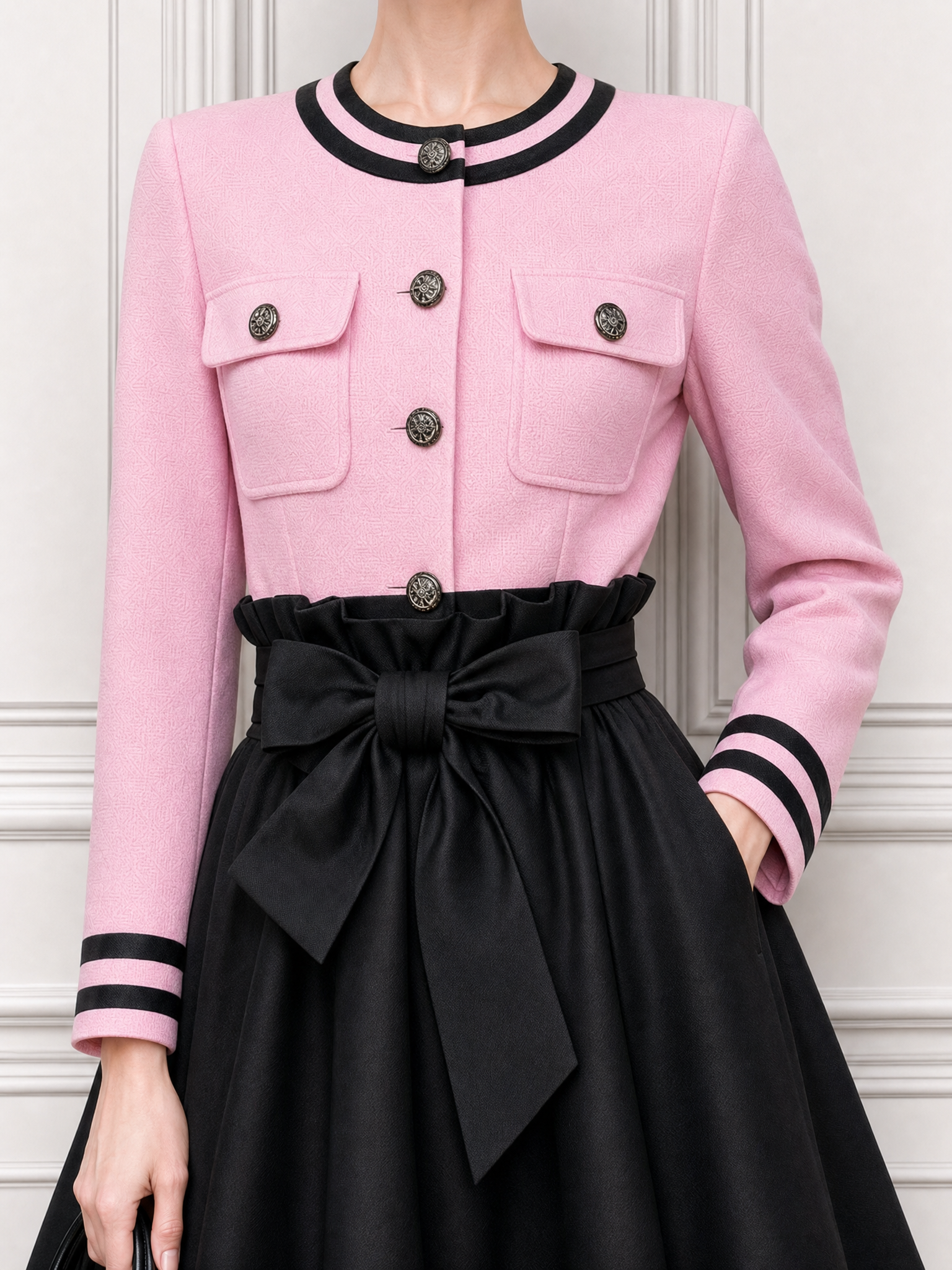 Vintage Round Neck Cardigan & Tie Satin Skirt Two-Piece Set