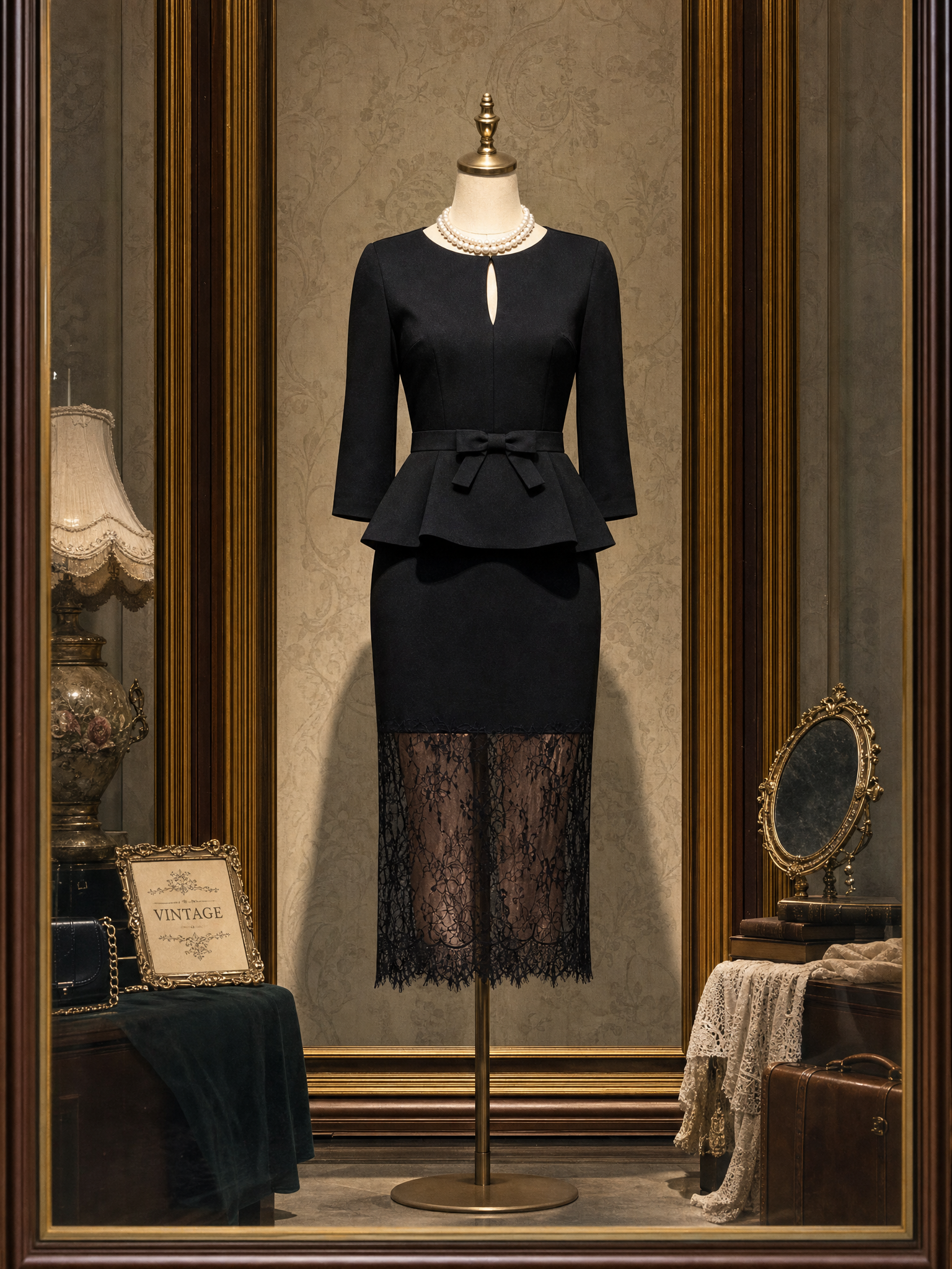 Vintage Lace Spliced Hollow Out Skirt Two-Piece Set