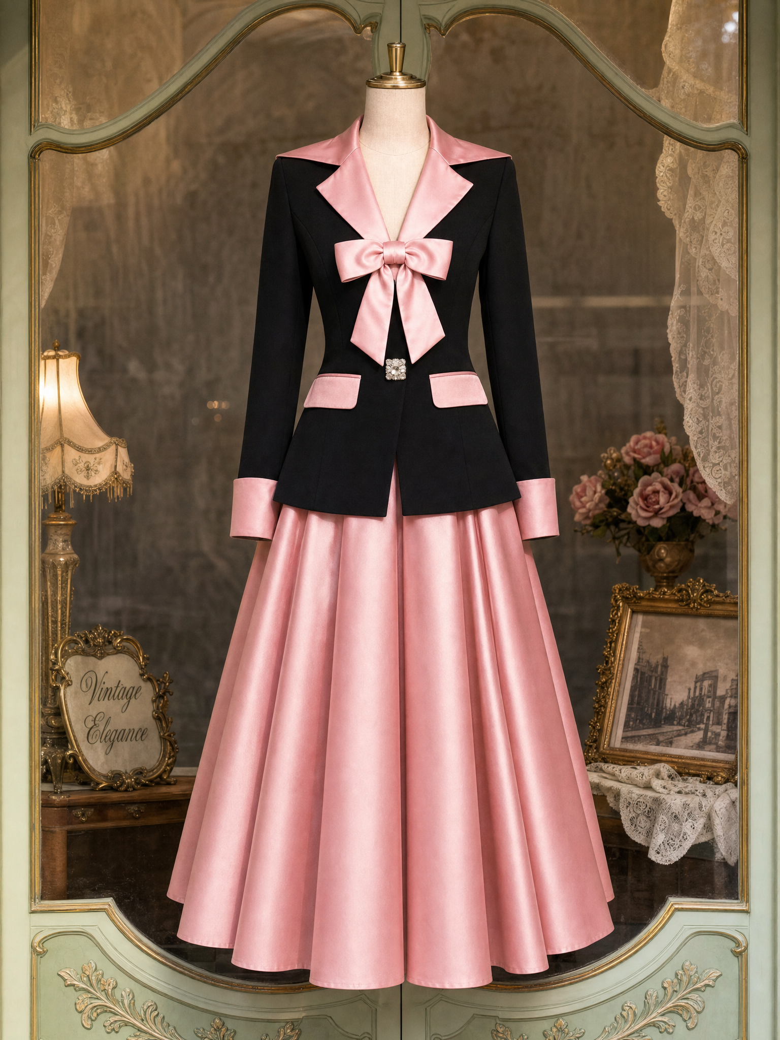 Vintage Color Block Bow Decor Blazer & Skirt Two-Piece Set
