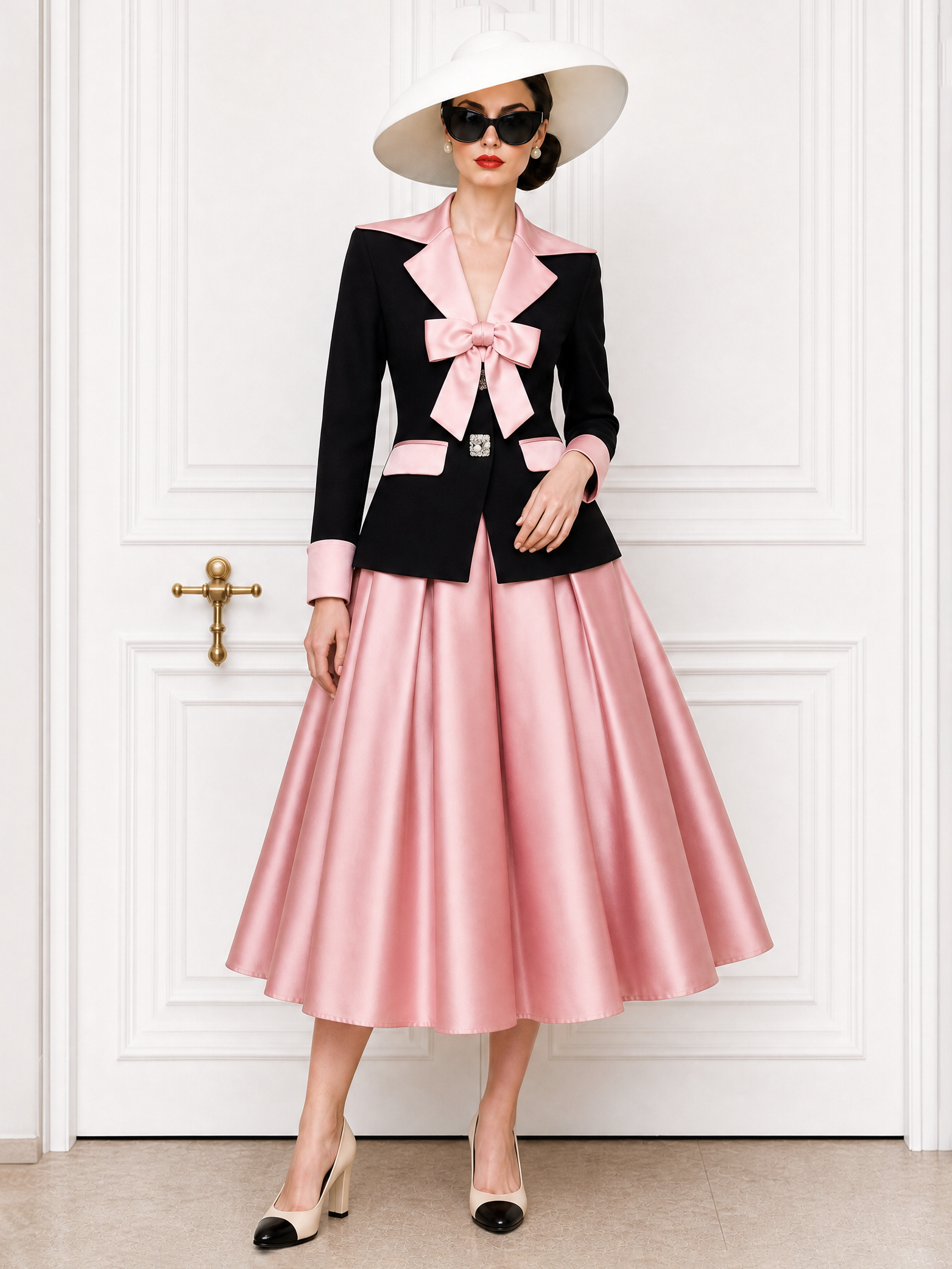 Vintage Color Block Bow Decor Blazer & Skirt Two-Piece Set