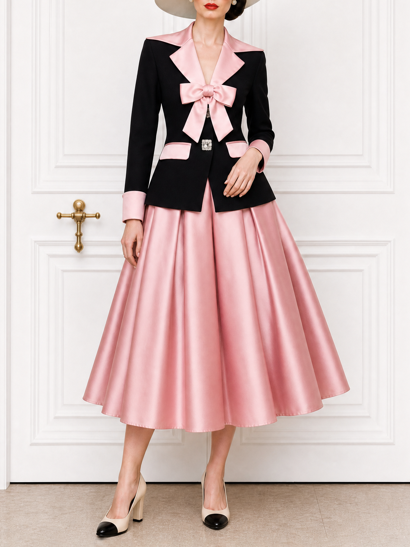 Vintage Color Block Bow Decor Blazer & Skirt Two-Piece Set