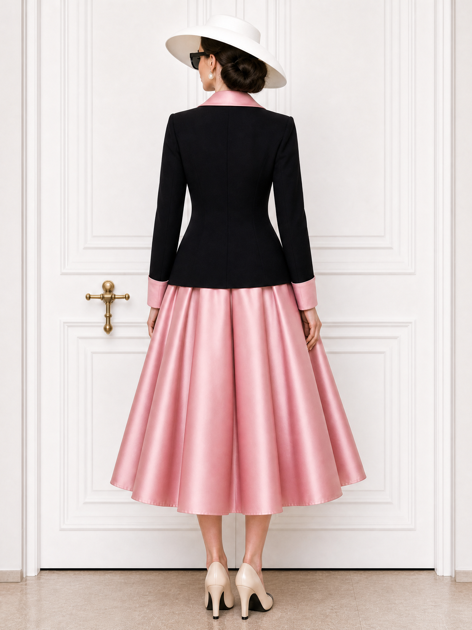 Vintage Color Block Bow Decor Blazer & Skirt Two-Piece Set