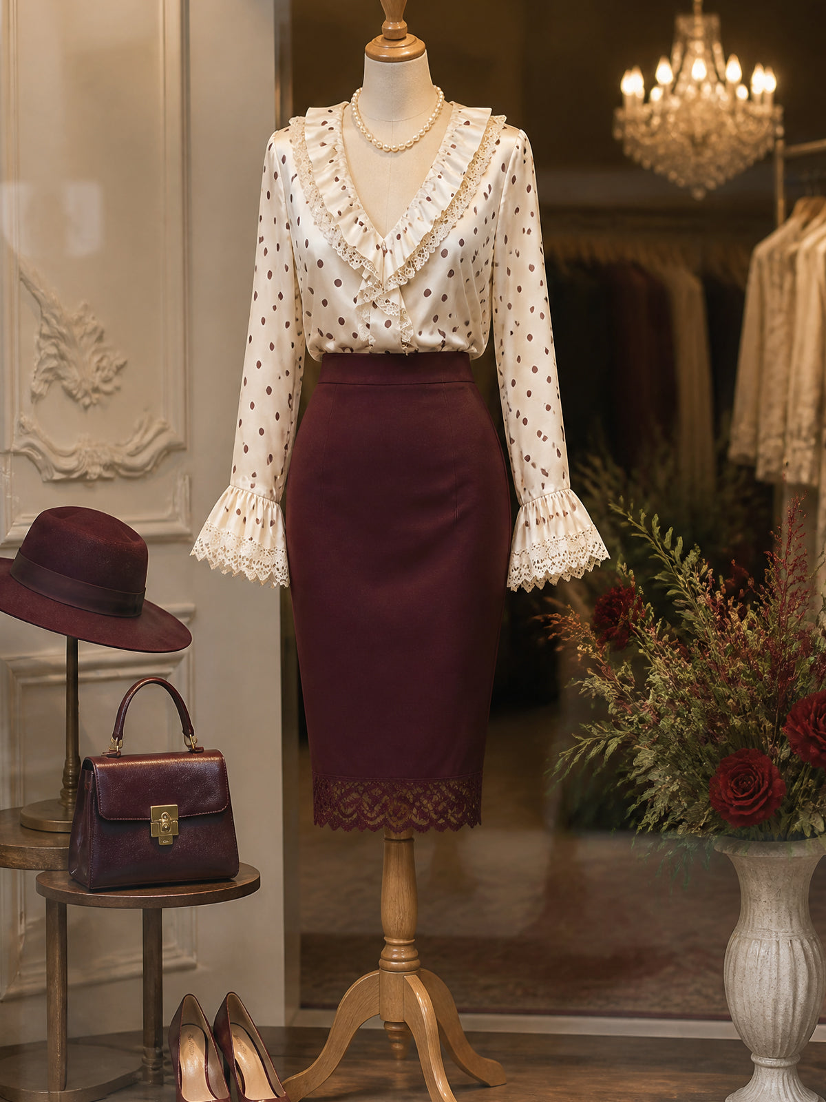Vintage Polka Dot Blouse & Burgundy Pencil Skirt Set