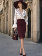 Vintage Polka Dot Blouse & Burgundy Pencil Skirt Set