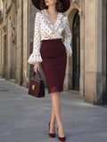 Vintage Polka Dot Blouse & Burgundy Pencil Skirt Set