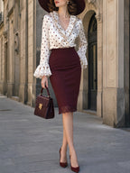 Vintage Polka Dot Blouse & Burgundy Pencil Skirt Set