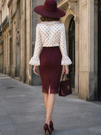 Vintage Polka Dot Blouse & Burgundy Pencil Skirt Set