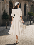 Vintage Contrast Sailor Collar Puff Sleeve Double‑Breasted Midi Dress