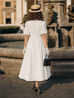 Vintage Contrast Trim Puff Sleeve Front Bow A‑Line Midi Dress