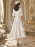 Vintage Boat Neck Satin Shoulder Bow Short Sleeve Swing Midi Dress