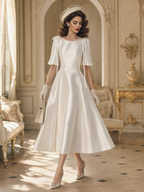 Vintage Boat Neck Satin Shoulder Bow Short Sleeve Swing Midi Dress