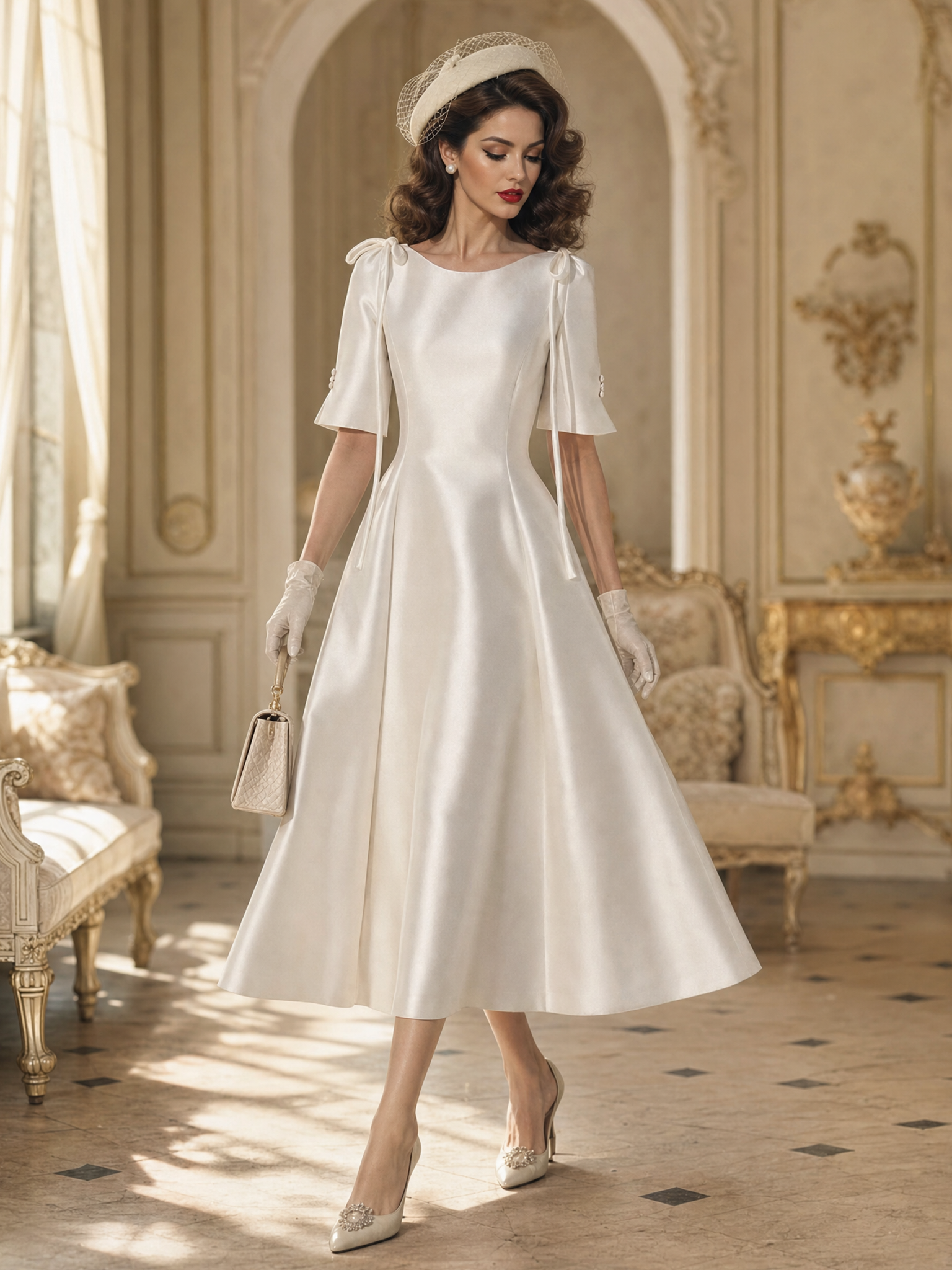 Vintage Boat Neck Satin Shoulder Bow Short Sleeve Swing Midi Dress