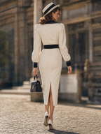 Vintage Contrast Lapel Puff Sleeve Bow Belt Bodycon Midi Dress