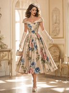 Vintage Off‑Shoulder Floral Print Satin Belted Swing Midi Dress
