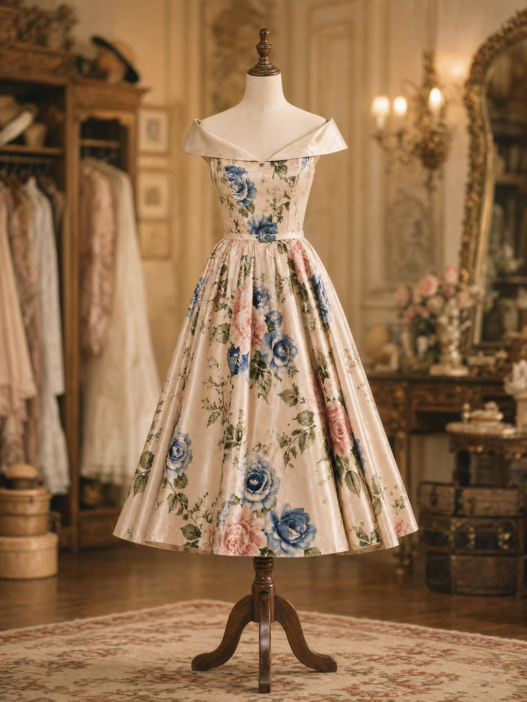 Vintage Off‑Shoulder Floral Print Satin Belted Swing Midi Dress