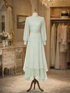 Vintage Mock Neck Sheer Puff Sleeve Ruched Layered Maxi Dress