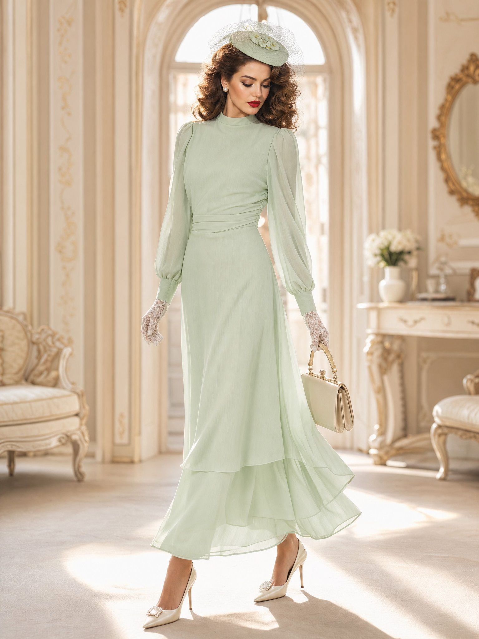 Vintage Mock Neck Sheer Puff Sleeve Ruched Layered Maxi Dress