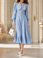 Vintage Polka Dot Lace Collar Puff Sleeve Button‑Down Midi Dress