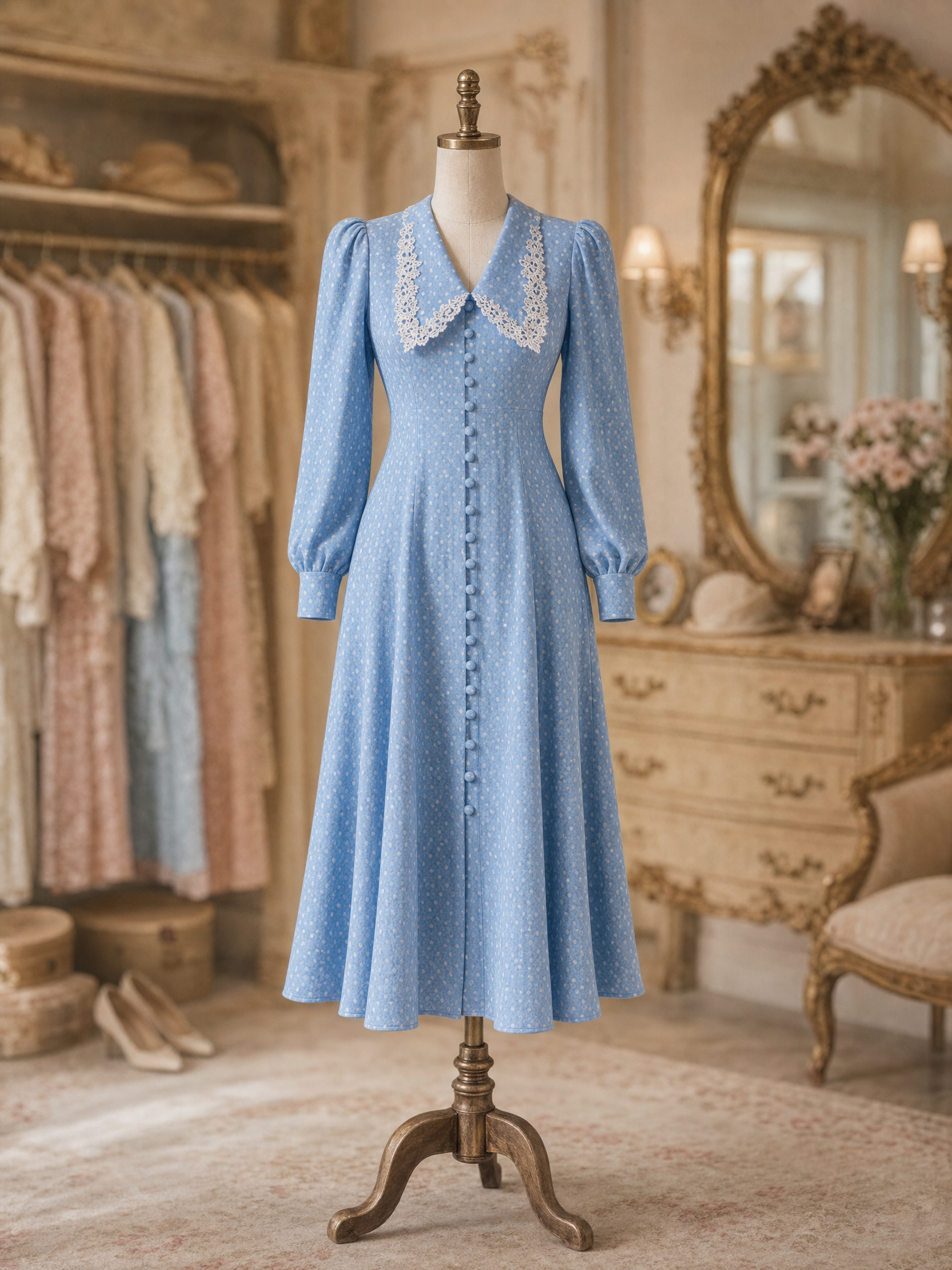 Vintage Polka Dot Lace Collar Puff Sleeve Button‑Down Midi Dress