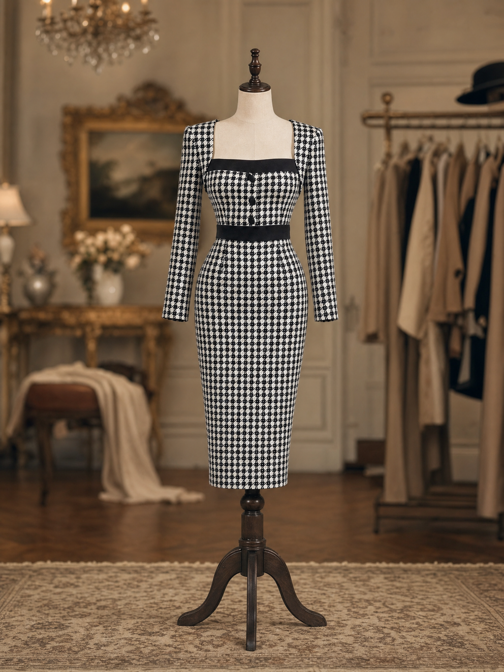 Vintage Houndstooth Square Neck Jacket & Bodycon Two‑Piece Midi Skirt Set